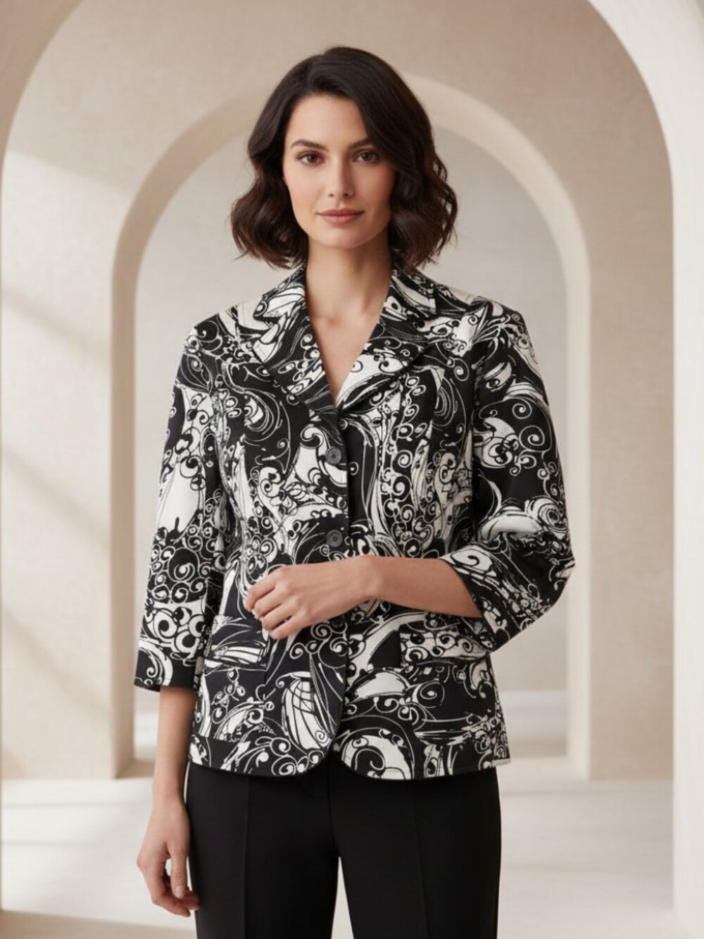 Nygard Size 8 Blazer Jacket Black White 3/4 Sleeve Pockets Office Siren Abstract